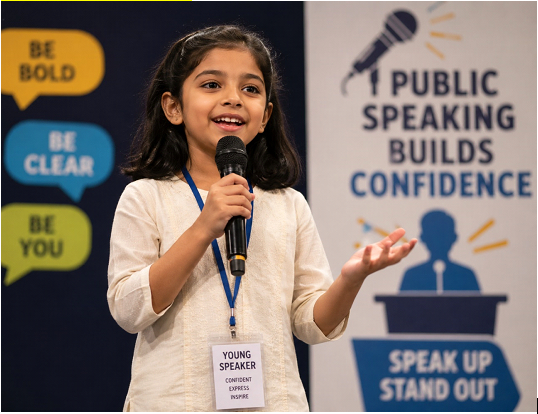 Young girl speaking confidently at a microphone